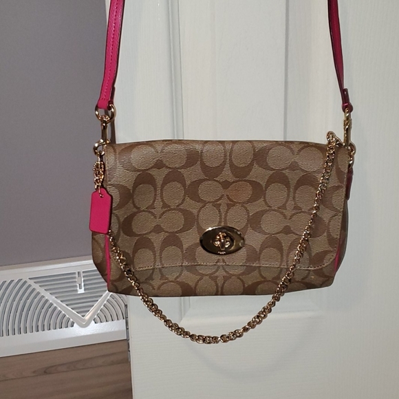 Coach crossbody with pink strap and trim. - Picture 2 of 4